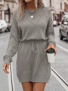 SHEIN LUNE Plus Size Women's Elegant Casual Daily Commute Autumn Winter Round Neck Drop Shoulder Pattern Waist Drawstring Loose Black Sweater Dressbusiness Casual Woman,Holiday Outfits,Country Tops - Grey - View 1