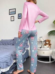 SHEIN Cute Koala Printed Long Sleeve Top & Long Pants Contrast Color Women Pajamas Set, Fall Winter Clothes Cozy And Elegant Details - Multicolor - View 2