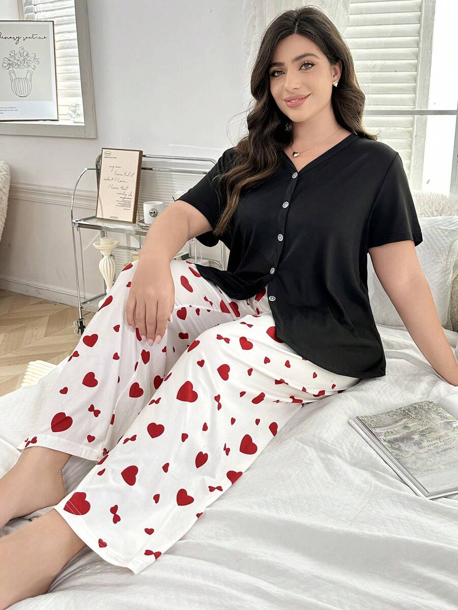 Plus Size Solid Color Cardigan Short Sleeve Top And Heart Print Long Pants Pajamas Set