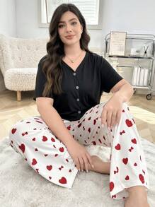 Plus Size Solid Color Cardigan Short Sleeve Top And Heart Print Long Pants Pajamas Set