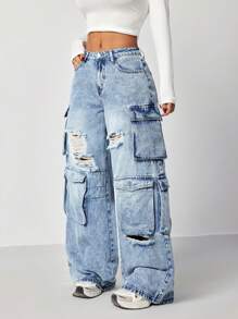 SHEIN EZwear Women's Casual Loose Fit Distressed Denim Wide Leg Jeans With Multiple Pockets, Suitable For Autumn/Winter - Blue - View 5
