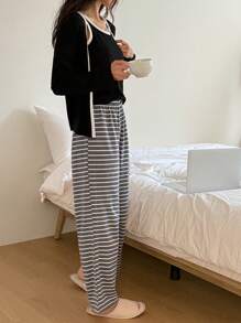 DAZY 3pcs/Set Contrast Trim Fitted Tank Top, Robe And Striped Straight Leg Pajama Pants Sleepwear Pajama Set, Back To School Clothes, For Fall Winter Clothes