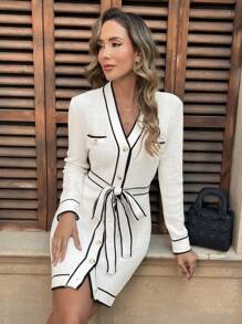 SHEIN Clasi 女士优雅 V 领拼色长袖毛衣连衣裙 - 白色 - 查看 7