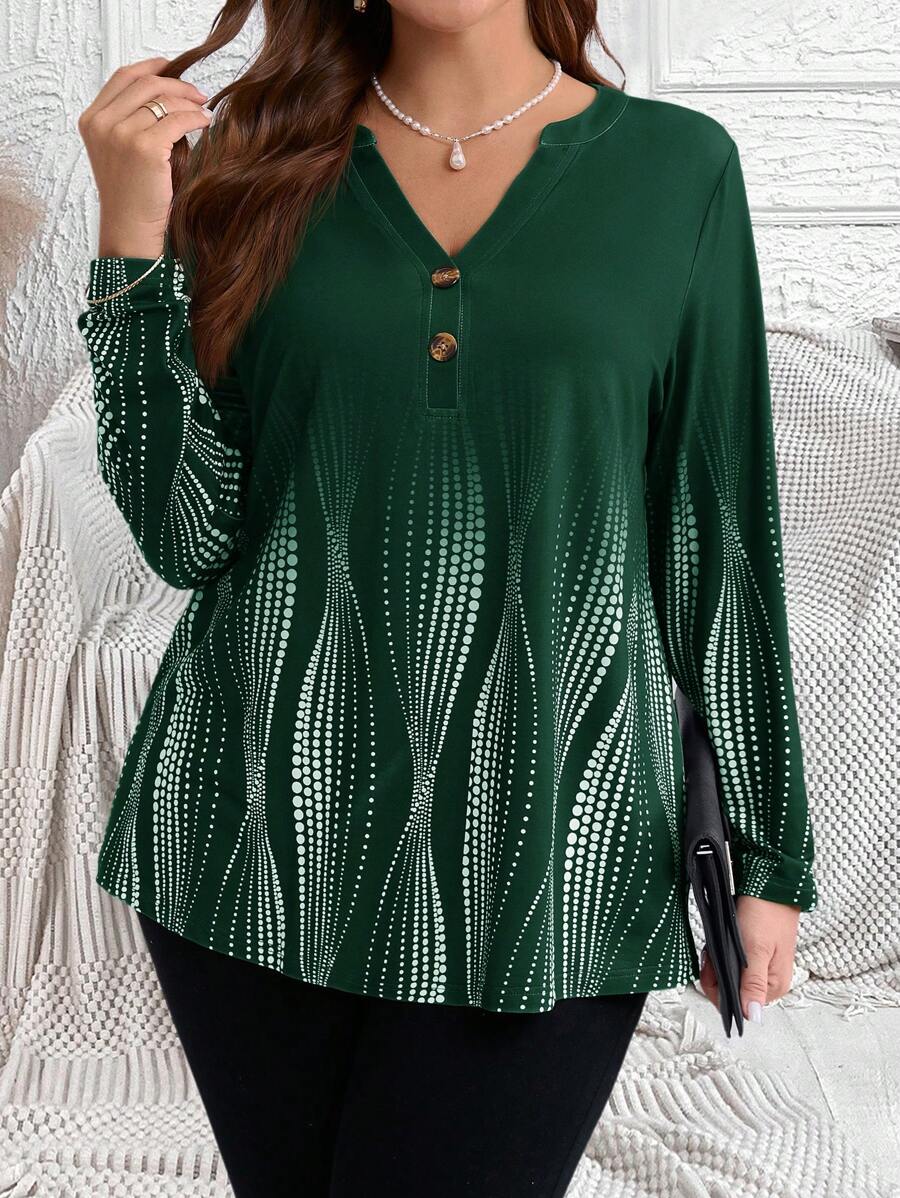 EMERY ROSE Plus Size Green Notched Neck Button-Up Long Sleeve Dot Print Loose And Comfortable Elegant Fall T-Shirt - Dark Green - View 1