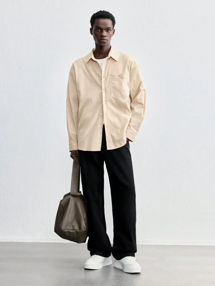 SHEIN Maija Men's Khaki Button-Front Shirt, Solid Color Minimalist Design, Casual And Versatile For Daily Wear, Spring/Summer 2025, Holidays, Parties, Valentine's Day, Casual Occasions