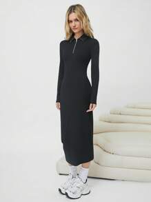 SHEIN EZwear 1/4拉鍊條紋針織緊身洋裝 - 黑色 - 查看 3