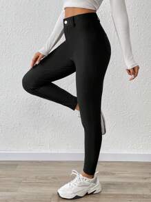 SHEIN Essnce Pantalon slim pour femme, affinant et mettant la silhouette en valeur, Leggings noirs décontractés pour femmes, leggings skinny avec doubles poches latérales, longueur normale - Noir - Voir 7