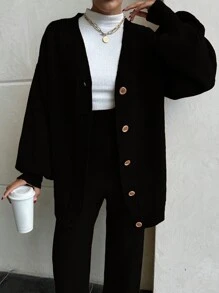 EURMUSE Women Drop Shoulder Button Front Cardigan And Sweater Pant 2 Piece Outfit Set Co-Ords - Black - View 4