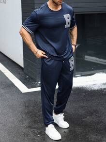 Manfinity Homme 2pcs Plus Size Men's Casual Letter Embroidered T-Shirt And Pants Set - Blue - View 6