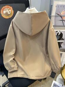 Tween Boy Korean Style Patchwork Pattern Thermal Lined Jacket, Suitable For Commuting, School, Casual, Sports, Autumn/Winter - Khaki - View 2