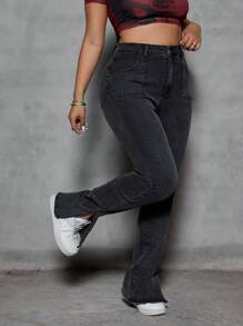 SHEIN ICON Plus Size Plain Color Casual Everyday Denim Jeans - Black - View 1