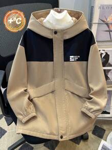 Tween Boy Korean Style Patchwork Pattern Thermal Lined Jacket, Suitable For Commuting, School, Casual, Sports, Autumn/Winter - Khaki - View 6