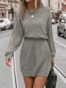 SHEIN LUNE Plus Size Women's Elegant Casual Daily Commute Autumn Winter Round Neck Drop Shoulder Pattern Waist Drawstring Loose Black Sweater Dressbusiness Casual Woman,Holiday Outfits,Country Tops - Grey - View 6