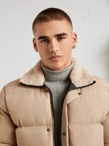 RueChic Men Fur Collar Regular Slant Pocket Padded Coat - Beige - View 6