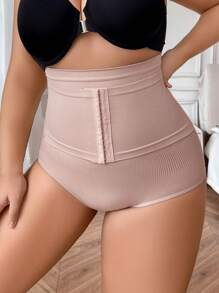 无缝加大码产后高腰收腹瘦身提臀塑身裤，带前开合和挂钩，1 件 - 杏色 - 查看 4