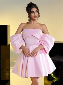 Lovelzi Elegancka romantyczna różowa satynowa kokarda z odkrytymi ramionami, sukienka księżniczki, regulowany pasek z tyłu, data, przyjęcie urodzinowe, wesele, wydarzenie, wieczór kawalerski, sukienka na studniówkę, sukienka dla gości weselnych