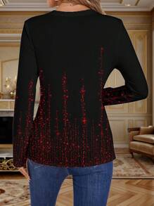 ORANGE STUDIO SHEIN LUNE Women's Glamorous Shiny Pattern V-Neck T-Shirt, Suitable For Autumn/Winter - Black - View 2