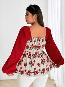 Flirla Damen Große Größen elegante Schleifen-Puff-Ärmel Taille Hoch A-Linie Shirt, süß & niedlich, Herbst/Winter Peplum Top - Verschiedenfarbig - Übersicht 2