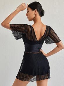 Women's Solid Color V-Neck Mesh Short Sleeve Casual Swimsuit Cover Up Dress For Vacation Summer