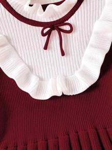 SHEIN Tween Girl Wine Red Angora Knit Sweater Dress With Ruffle Hem, Cute & Soft, Simple Yet Elegant, Versatile, Suitable For Casual, Party, Autumn/Winter