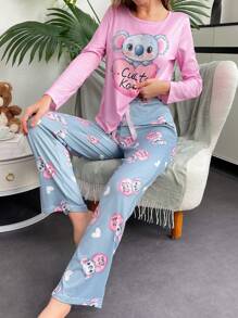SHEIN Cute Koala Printed Long Sleeve Top & Long Pants Contrast Color Women Pajamas Set, Fall Winter Clothes Cozy And Elegant Details - Multicolor - View 4