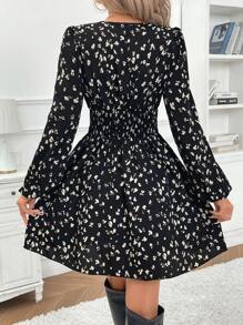 SHEIN Frenchy Women V-Neck Puff Sleeve Waist Ruched Short Elegant Dress, Autumn Winter Black
