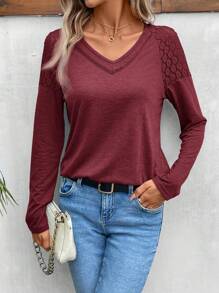 SHEIN Frenchy 适合日常穿着的女士纯色简约休闲 T 恤 - 酒紅色 - 查看 4