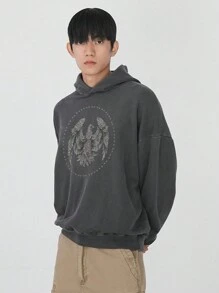 DAZY 男士鷹圖案印花連帽衛衣，秋季連帽衫 - 灰色 - 查看 5