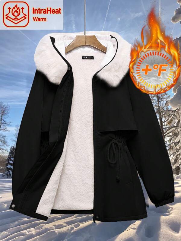 SHEIN EZwear Plus Size Women Casual Cinched Waist Color Block Fluffy Hooded Parka Coat, Autumn/Winter