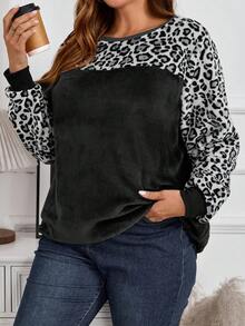 EMERY ROSE 大码女式豹纹拼布宽松羊毛运动衫，秋冬款