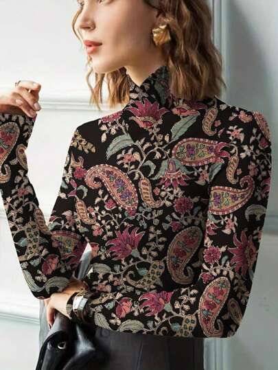 Vintage Paisley Pattern Turtleneck Fitted Long Sleeve Top, Soft Stretchy Fabric, Versatile Retro Style Floral Print Blouse, Suitable For Layering Or Outerwear