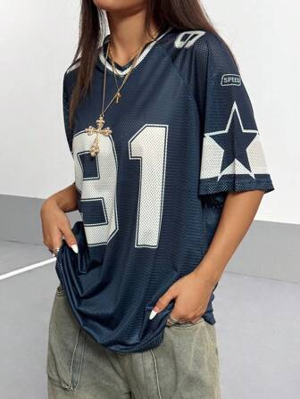 StreetHx Women's Numeric Print Short Sleeve Mesh Colorblock Loose Fit Sports T-Shirt, Spring/Summer Graphic Tees Women Tops