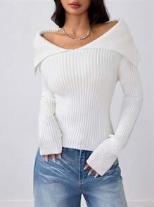 Flirla Femmes Pull côtelé à col à revers et ourlet plissé, couleur unie, manches longues. Tricot d'automne/hiver - Blanc - Voir 3
