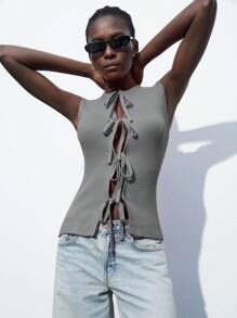 Maija Blusa sin mangas ajustada con cuello redondo y lazo, de color gris, para mujer, para primavera/verano