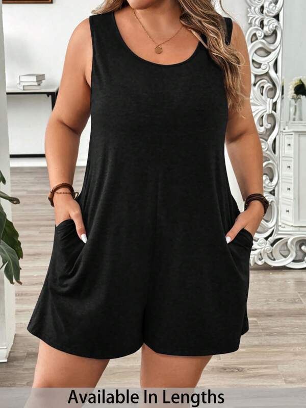 SHEIN PETITE CURVE Plus Size Women's Summer Solid Crew Neck Pocketed Casual Black Romper, Vacation Outfits Woman