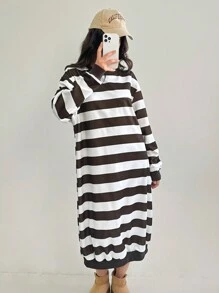 Forever 21 温暖舒适的居家棕白条纹长款连帽连衣裙 - 棕色 - 查看 4