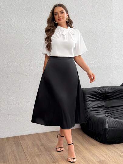 SHEIN Privé 大碼插肩袖繫帶領襯衫