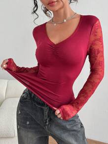 Flirla Women Contrast Lace V-Neck Long Sleeve Ruffle Hem Fitted Fashion T-Shirt, Autumn