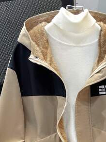 Tween Boy Korean Style Patchwork Pattern Thermal Lined Jacket, Suitable For Commuting, School, Casual, Sports, Autumn/Winter - Khaki - View 7