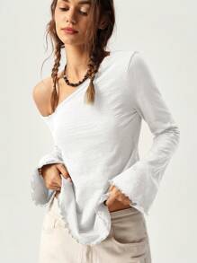 Bohemela Vacation Casual Solid Color Asymmetrical Neck Bell Sleeve T-Shirt