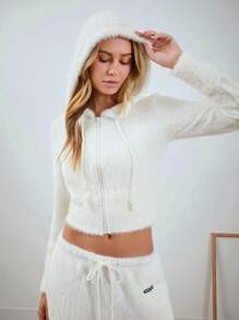 SHEIN EZwear 白色连帽紧身运动衫，简约时尚休闲，适合日常穿着 - 米色 - 查看 1