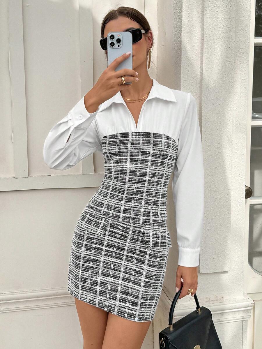 Chiquease Ensemble de 2 pièces pour femme - Chemise à carreaux retouchée à manches longues et jupe midi moulante, élégant pour l'automne - Multicolore - Voir 1