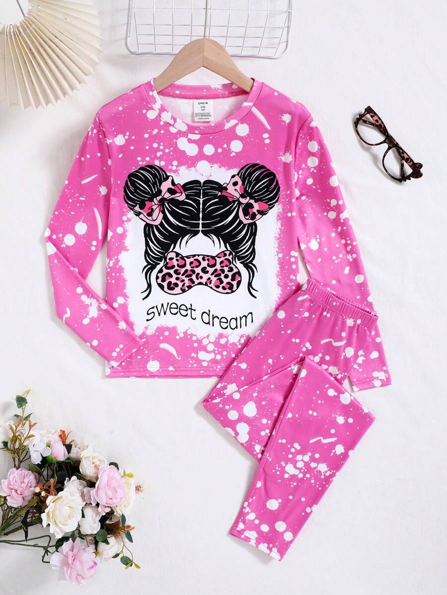 SHEIN Bộ đồ 2 món cho bé gái tuổi teen, in hình hoạt hình và vẩy sơn, gồm áo cổ tròn, vai thường, tay dài và quần ôm dáng, thoải mái và thân thiện với da. - Hồng - Xem 1