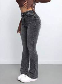 SHEIN Tall 女士牛仔裤休闲紧身弹力黑色喇叭牛仔裤高腰黑色牛仔裤新年除夕圣诞节紧身裤高腰女士裤子，秋季女装 - 黑色 - 查看 5