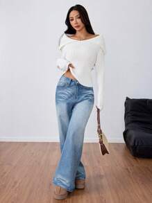 Flirla Femmes Pull côtelé à col à revers et ourlet plissé, couleur unie, manches longues. Tricot d'automne/hiver - Blanc - Voir 5