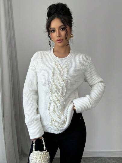 Elenzga Women Solid Color Round Neck Long Sleeve Pearl Decoration Elegant Sweater, Autumn/Winter