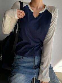 DAZY 女式休闲 V 领拼色长袖 T 恤，秋季 - 藏蓝色 - 查看 3