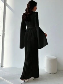 Firerie 优雅浪漫派对褶皱宽松 A 字形白色中长连衣裙，长袖高腰，适合约会、庆典 - 黑色 - 查看 2