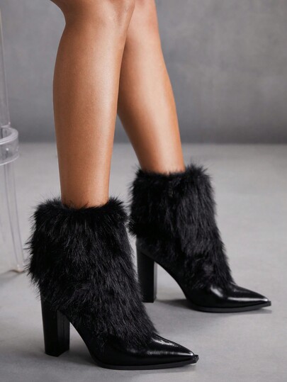 Sexy Fashion Fuzzy Ankle Boots, Pointed Toe, Chunky High Heels, Casual Versatile Side Zipper Black Boots For Women Valentine's Day