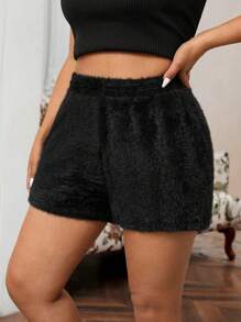 SHEIN EZwear Plus Size Extra Short Faux Mink Fur Shorts, Autumn/Winter